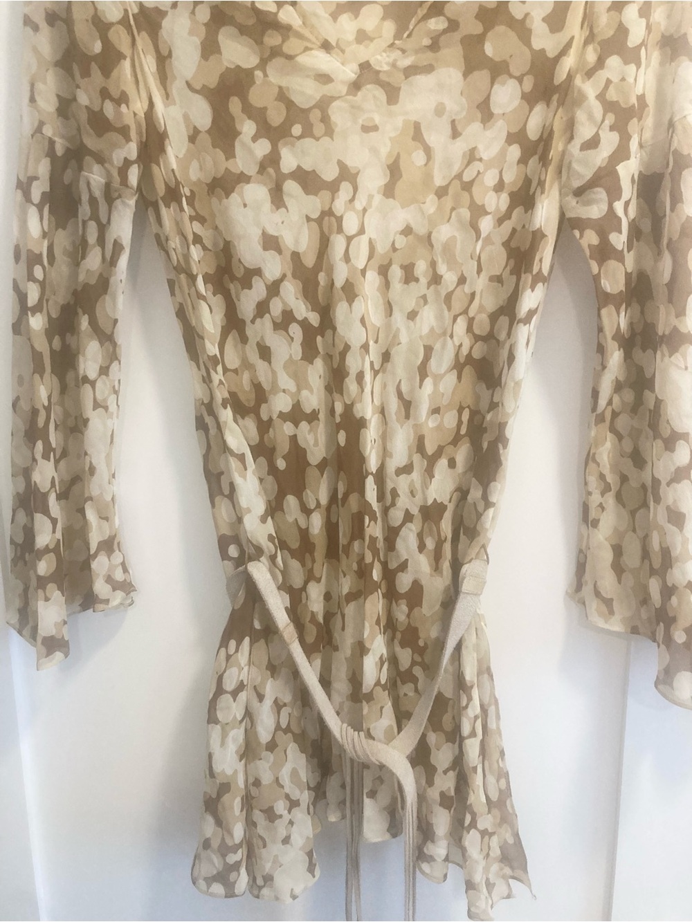 Kenneth Cole Neutral Abstract Semi-Sheer Tunic Blouse w/ Beige Suede Belt